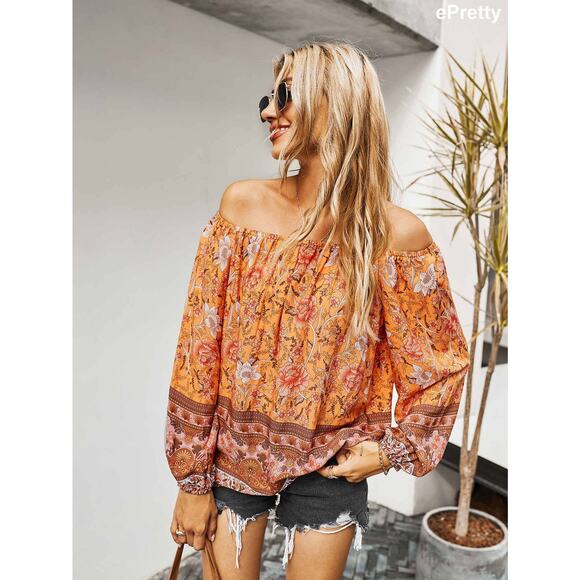 Orange Floral printed off shoulder blouse - Small - Picture 1 of 5